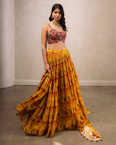 Beige Bustier With Mustard Gathering Skirt