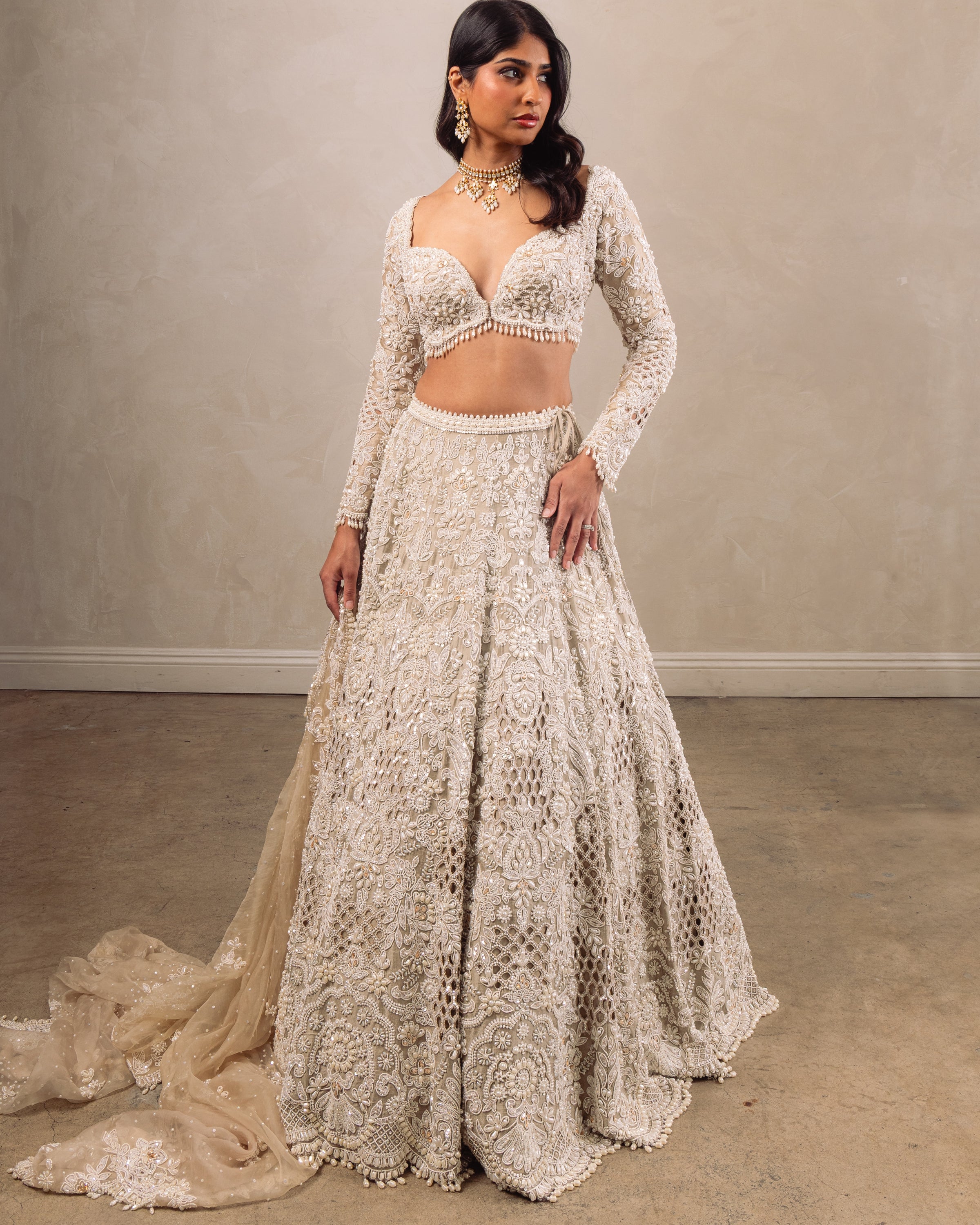 Falaknuma Nude Pearl Cut Work Lehenga Set (Full Sleeves)