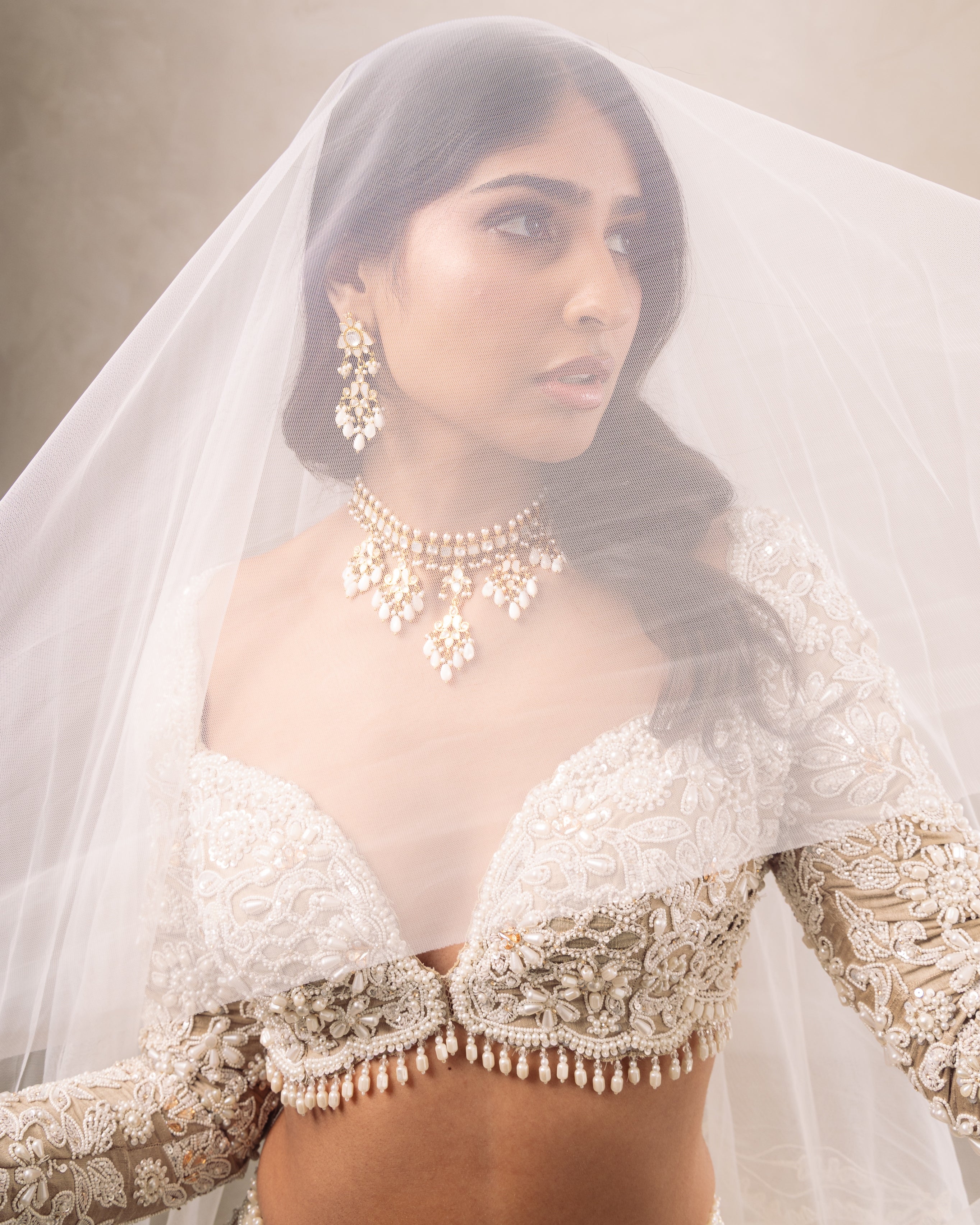 Falaknuma Nude Pearl Cut Work Lehenga Set (Full Sleeves)