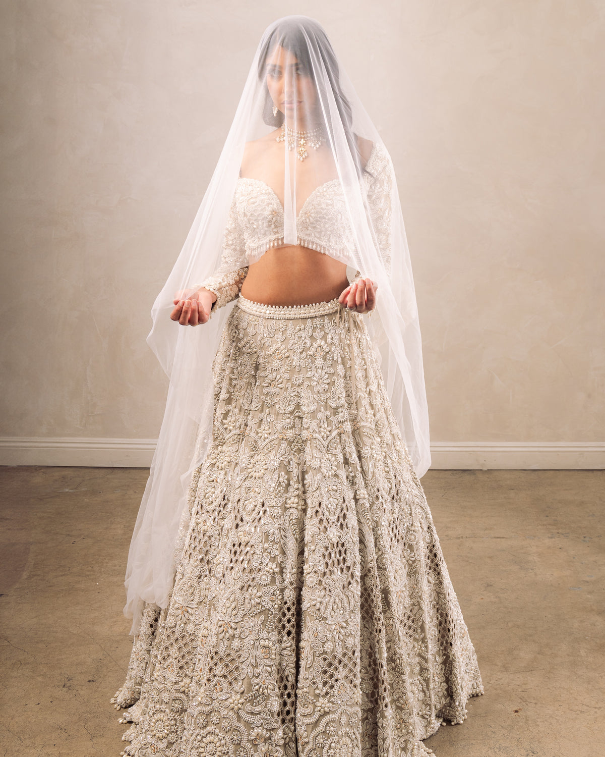 Falaknuma Nude Pearl Cut Work Lehenga Set (Full Sleeves)