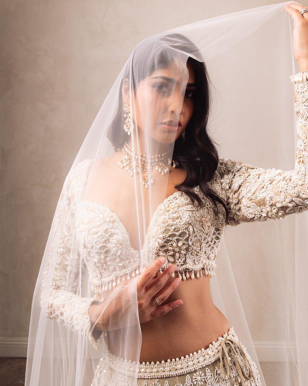 Full Sleeves Falaknuma Nude Pearl Cut Work Lehenga Set