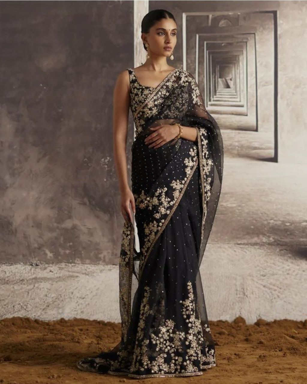 Black Organza Sari With Ivory Threadwork