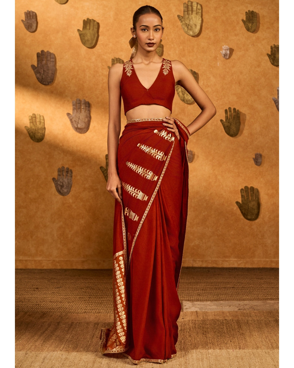 Red Fern Flame Sari Set