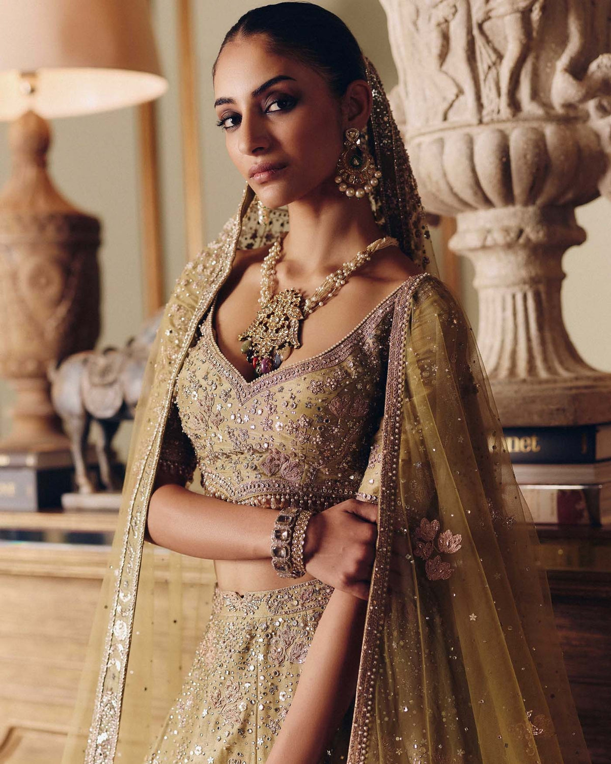 The Royal Masai Landscape Aged Pistachio Tissue Lehenga