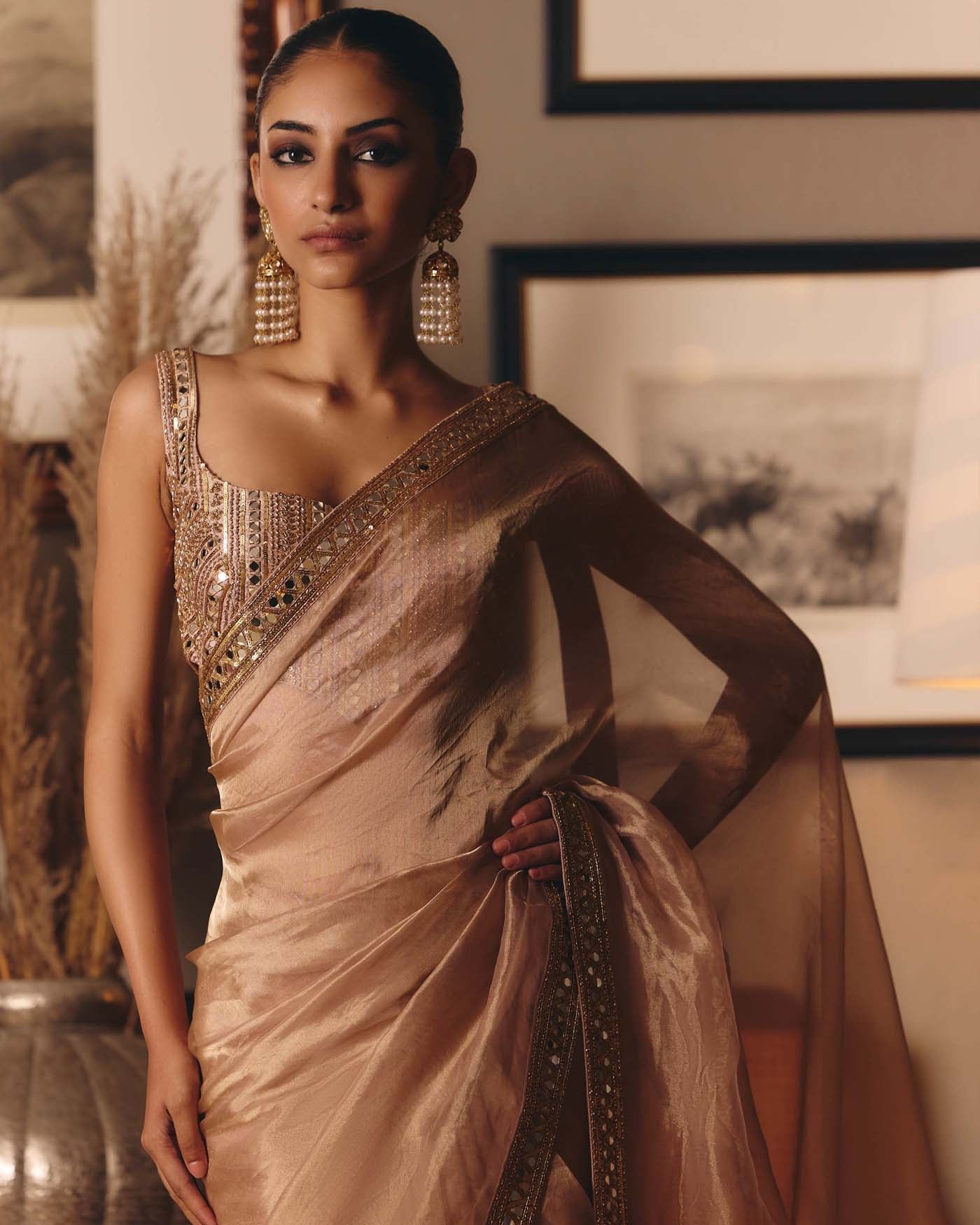 The Aged Peach Sheeshrag Tissue Sari
