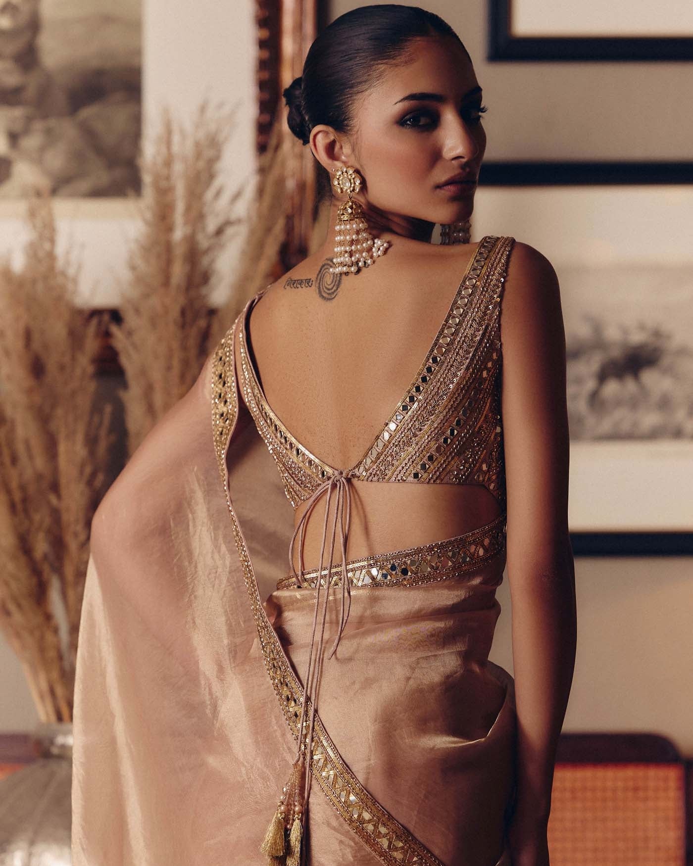 The Aged Peach Sheeshrag Tissue Sari