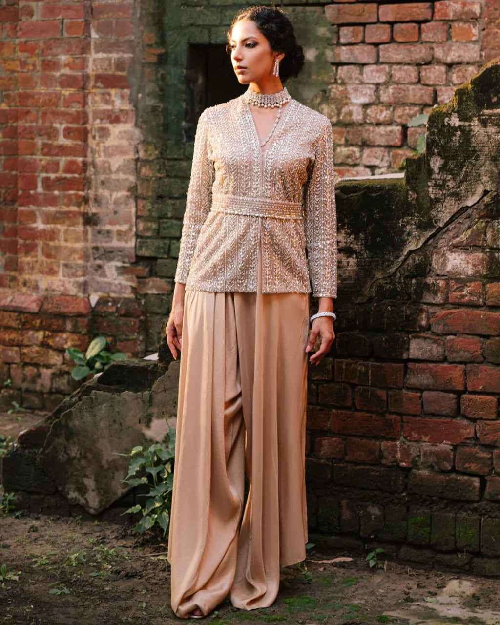 Nude Raw Silk Jacket And Drape Pant Set