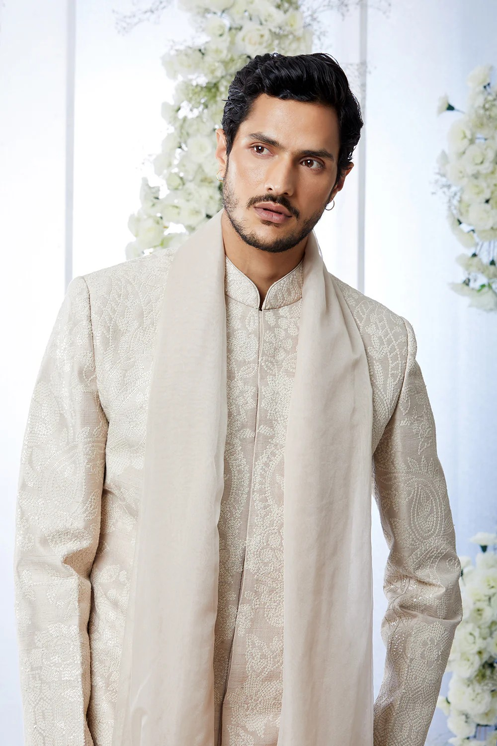 Beige Pink Sequin Embroidered Sherwani Set