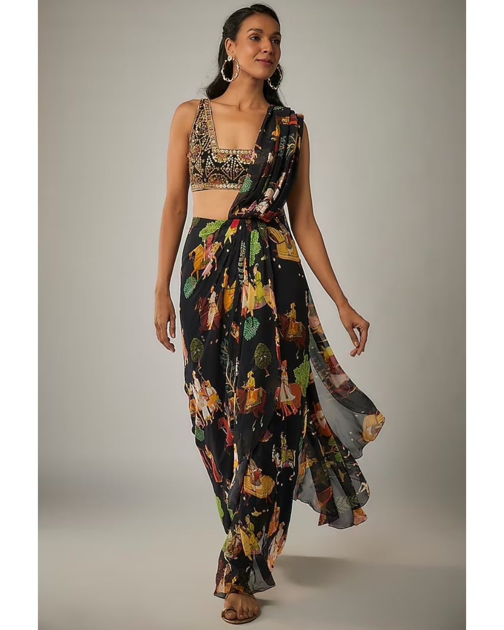 Black Printed Mughal Rhapsody Pre Draped Sari Set