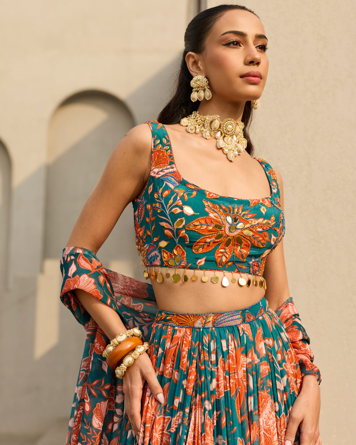 Teal & Rust Floral Printed Lehenga Set