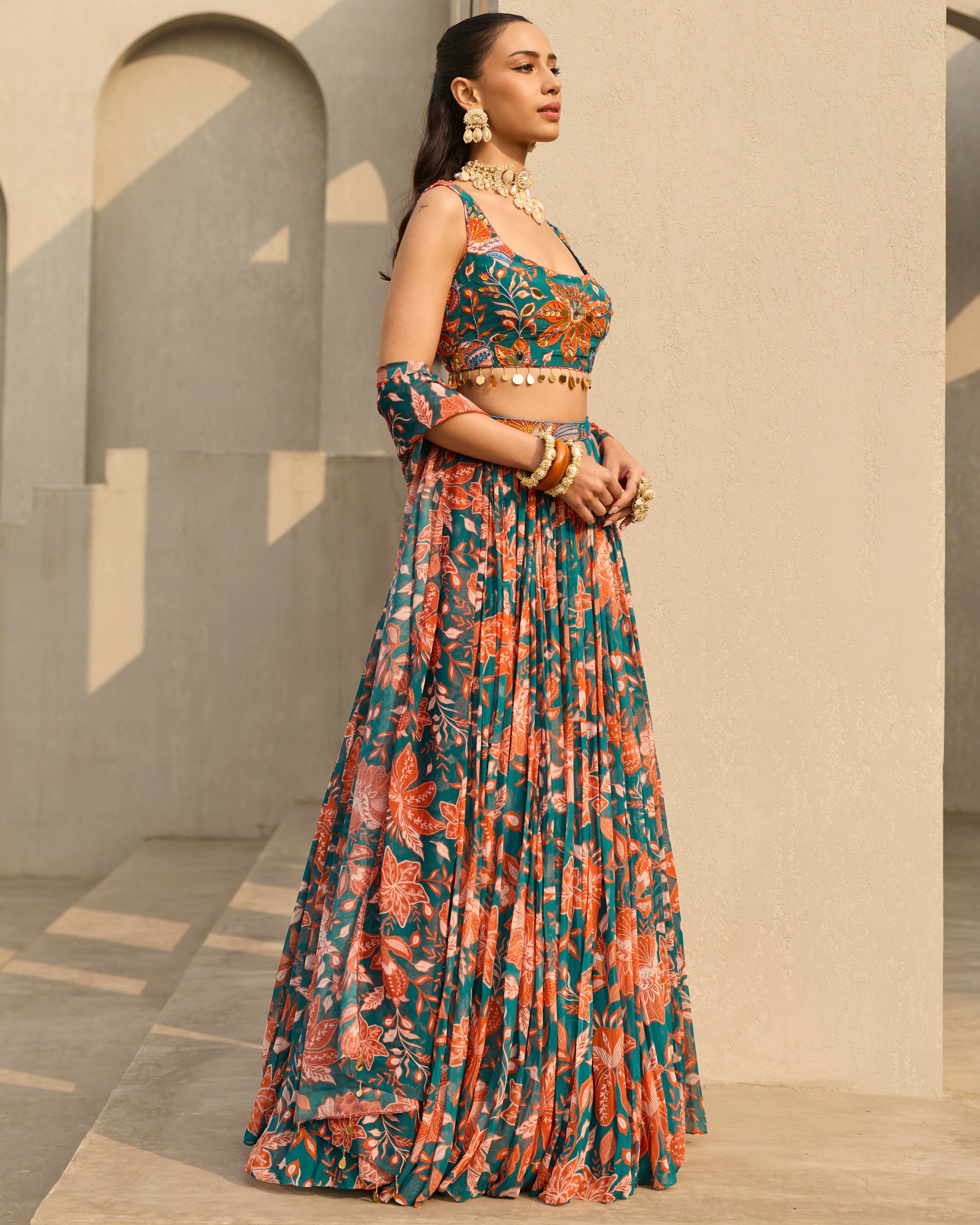 Teal & Rust Floral Printed Lehenga Set