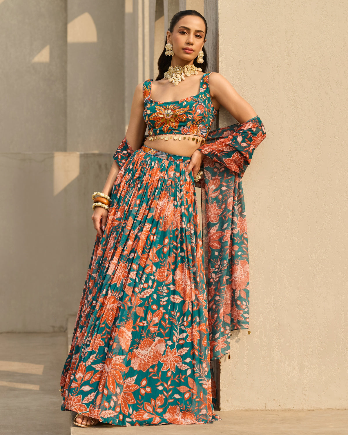 Teal & Rust Floral Printed Lehenga Set