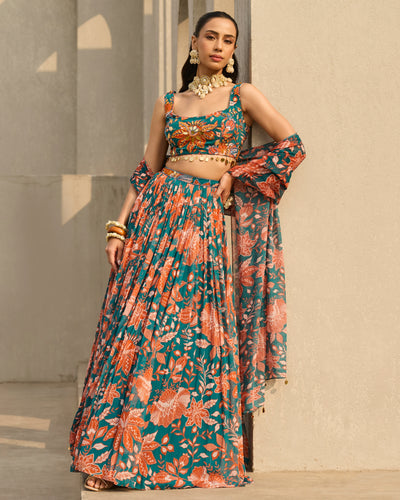 Teal & Rust Floral Printed Lehenga Set