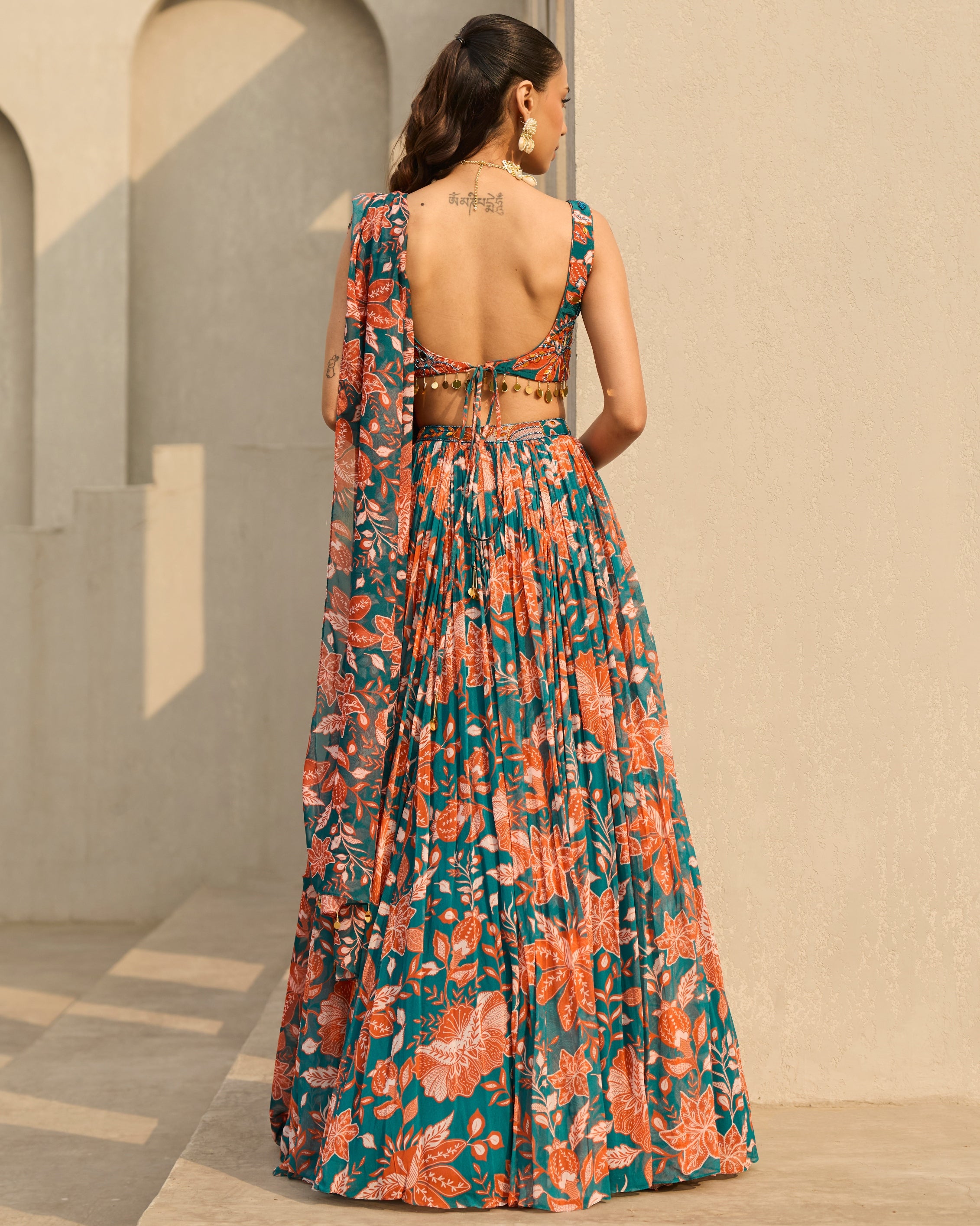 Teal & Rust Floral Printed Lehenga Set