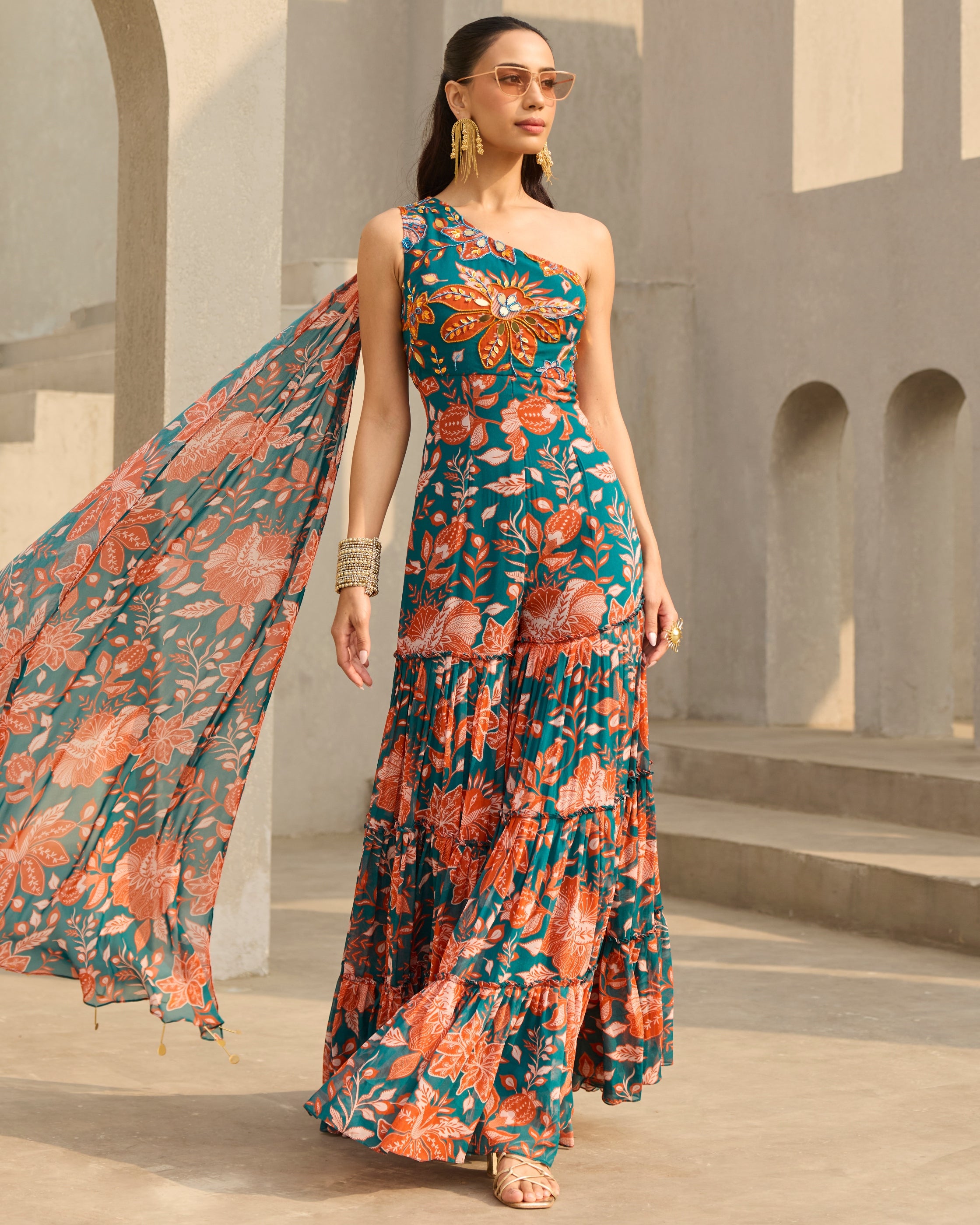 Teal & Rust Floral Printed Jumpsuit
