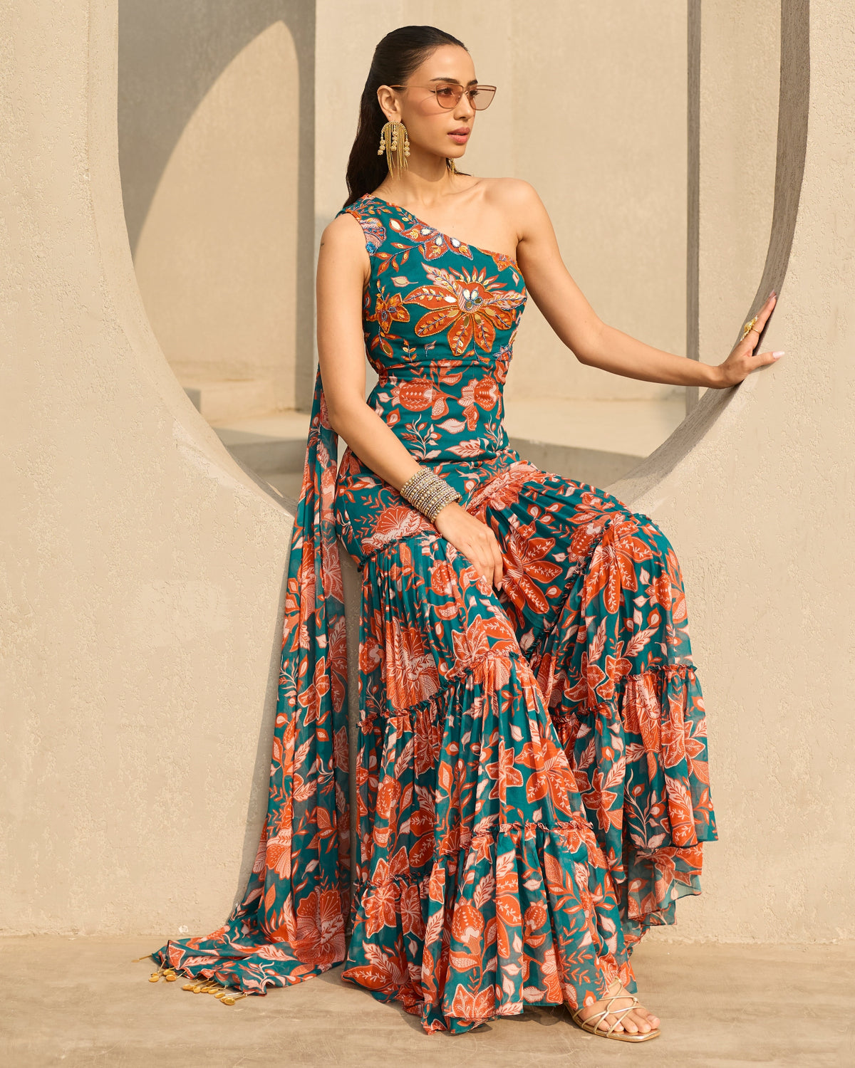 Teal & Rust Floral Printed Jumpsuit