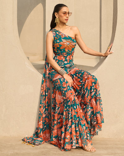 Teal & Rust Floral Printed Jumpsuit
