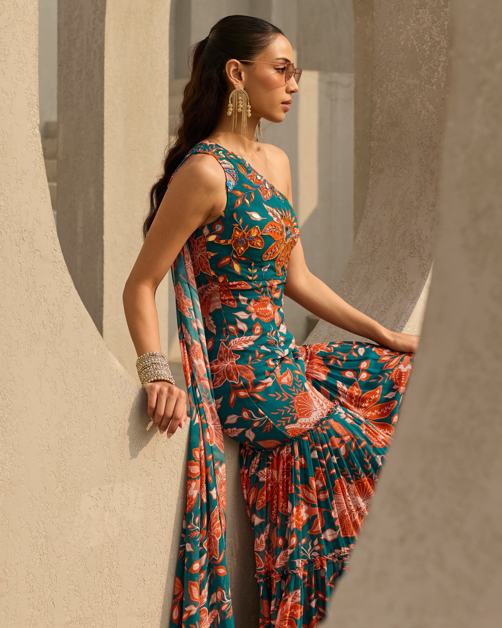 Teal & Rust Floral Printed Jumpsuit