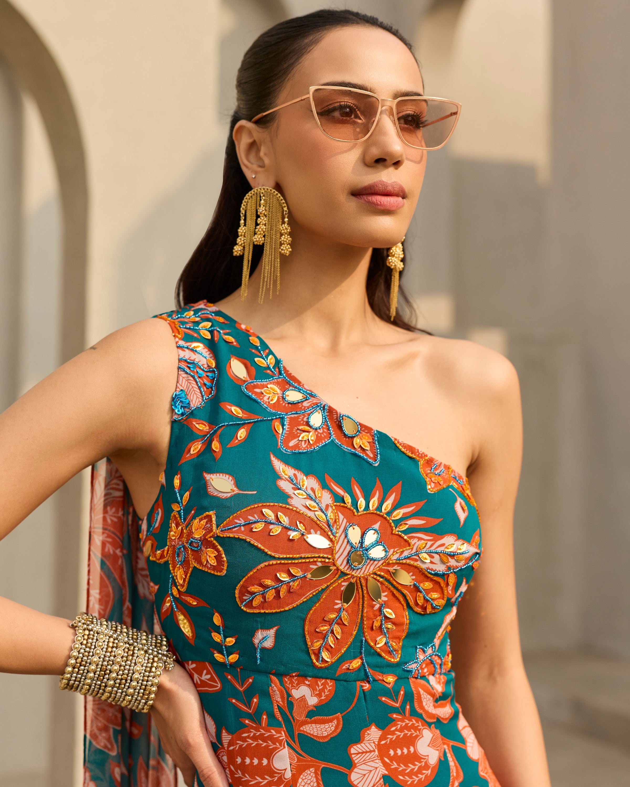 Teal & Rust Floral Printed Jumpsuit