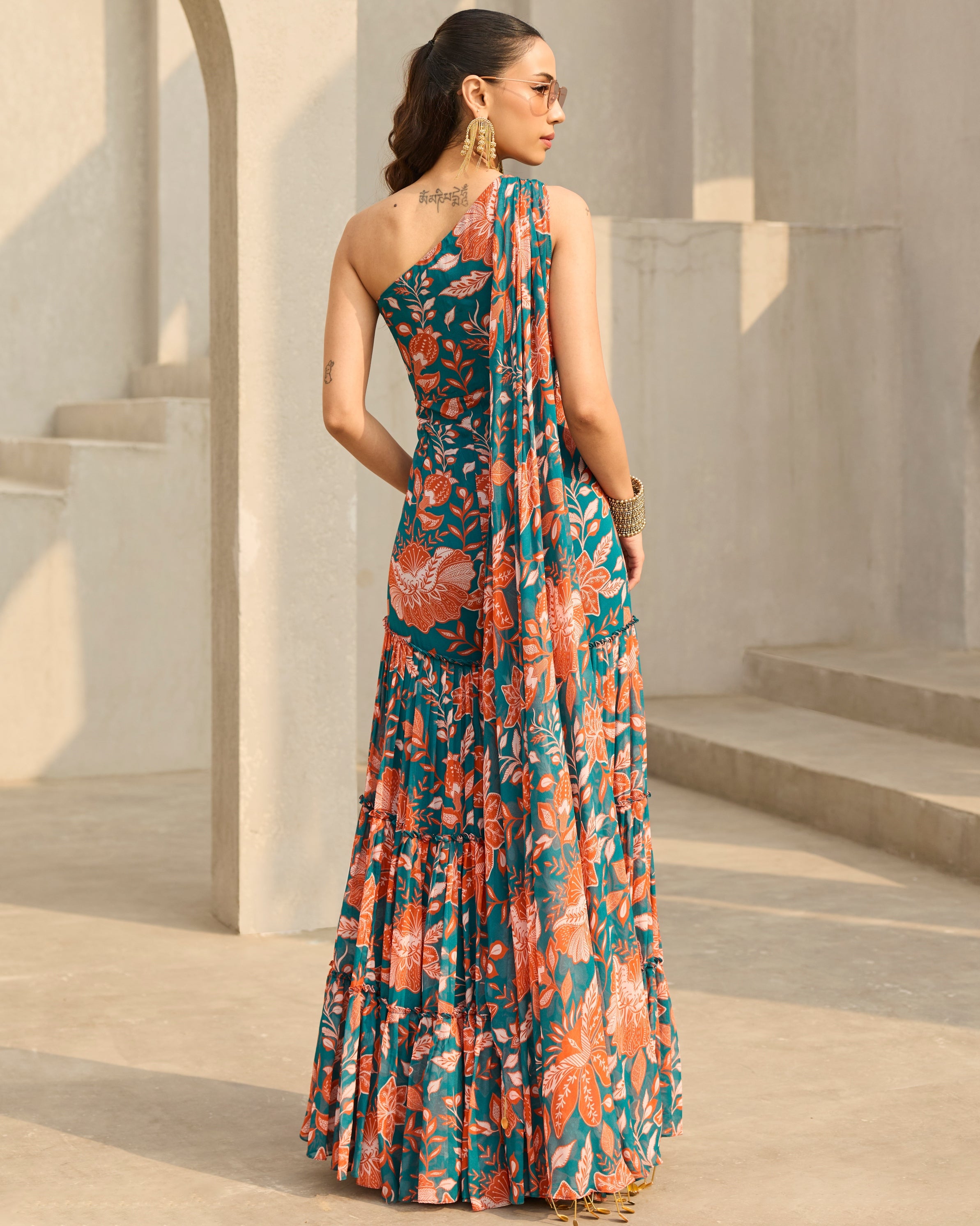 Teal & Rust Floral Printed Jumpsuit