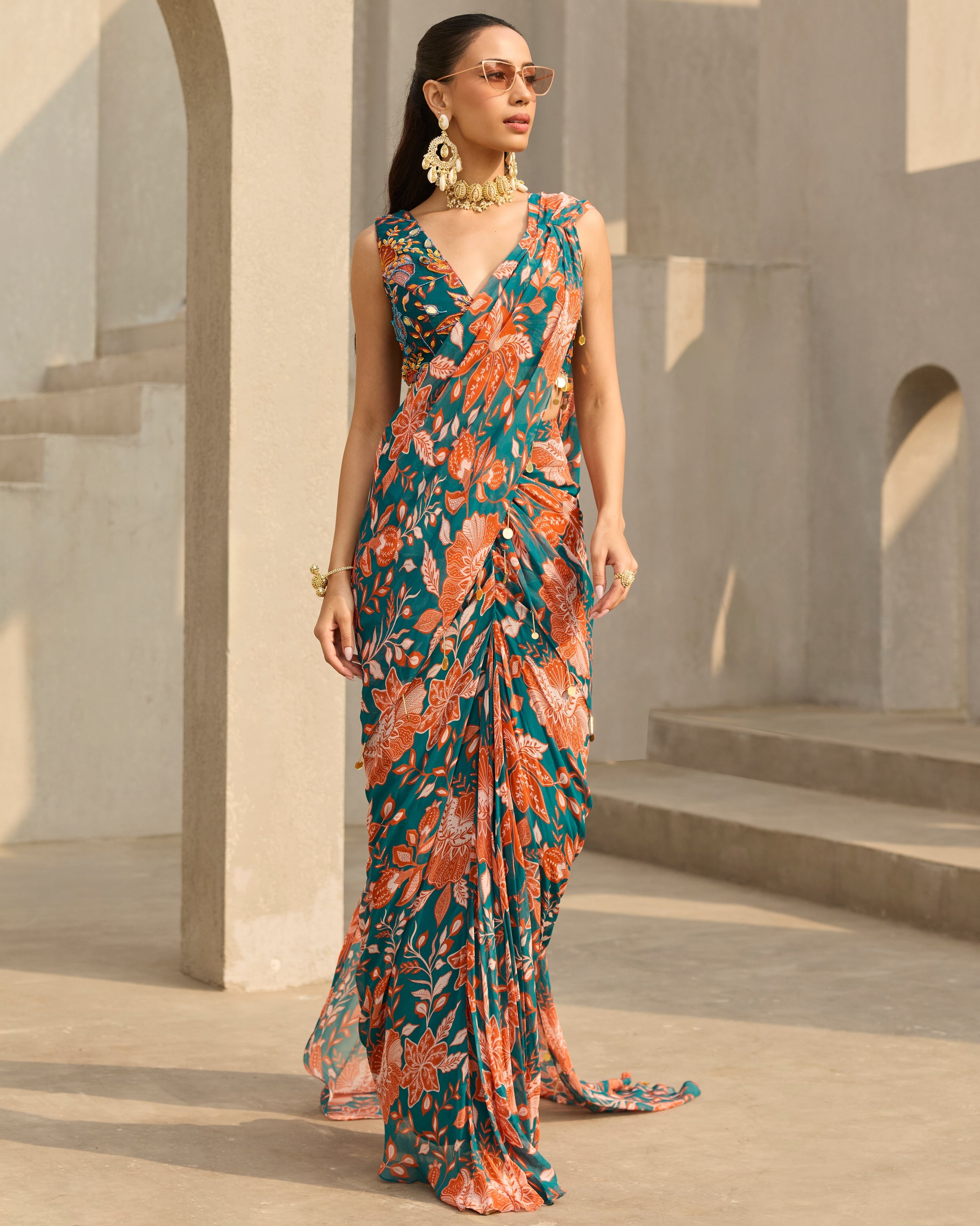 Teal & Rust Floral Printed Sari Set