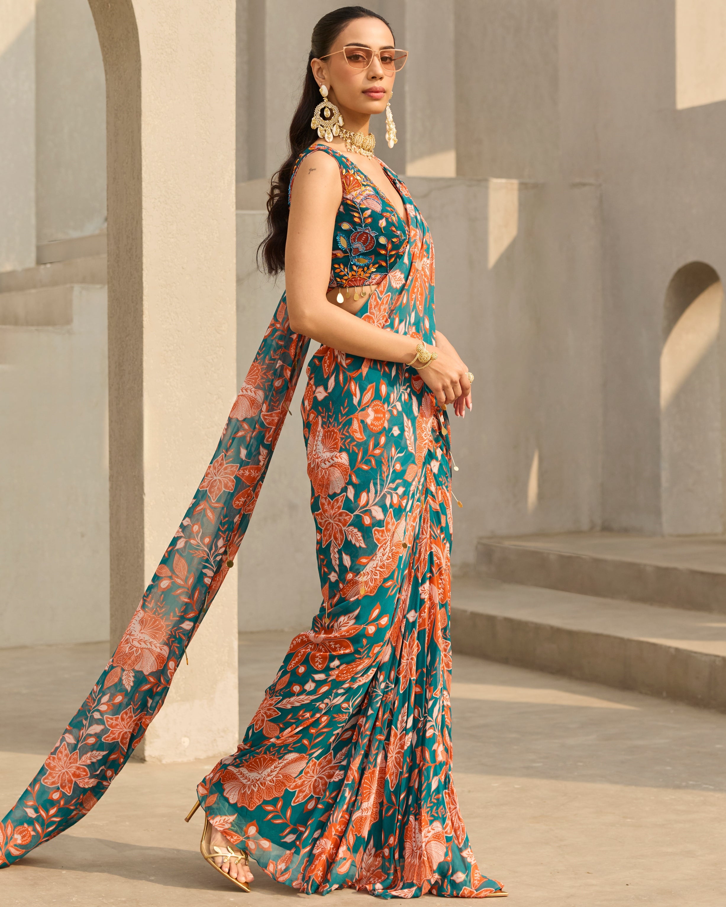 Teal & Rust Floral Printed Sari Set