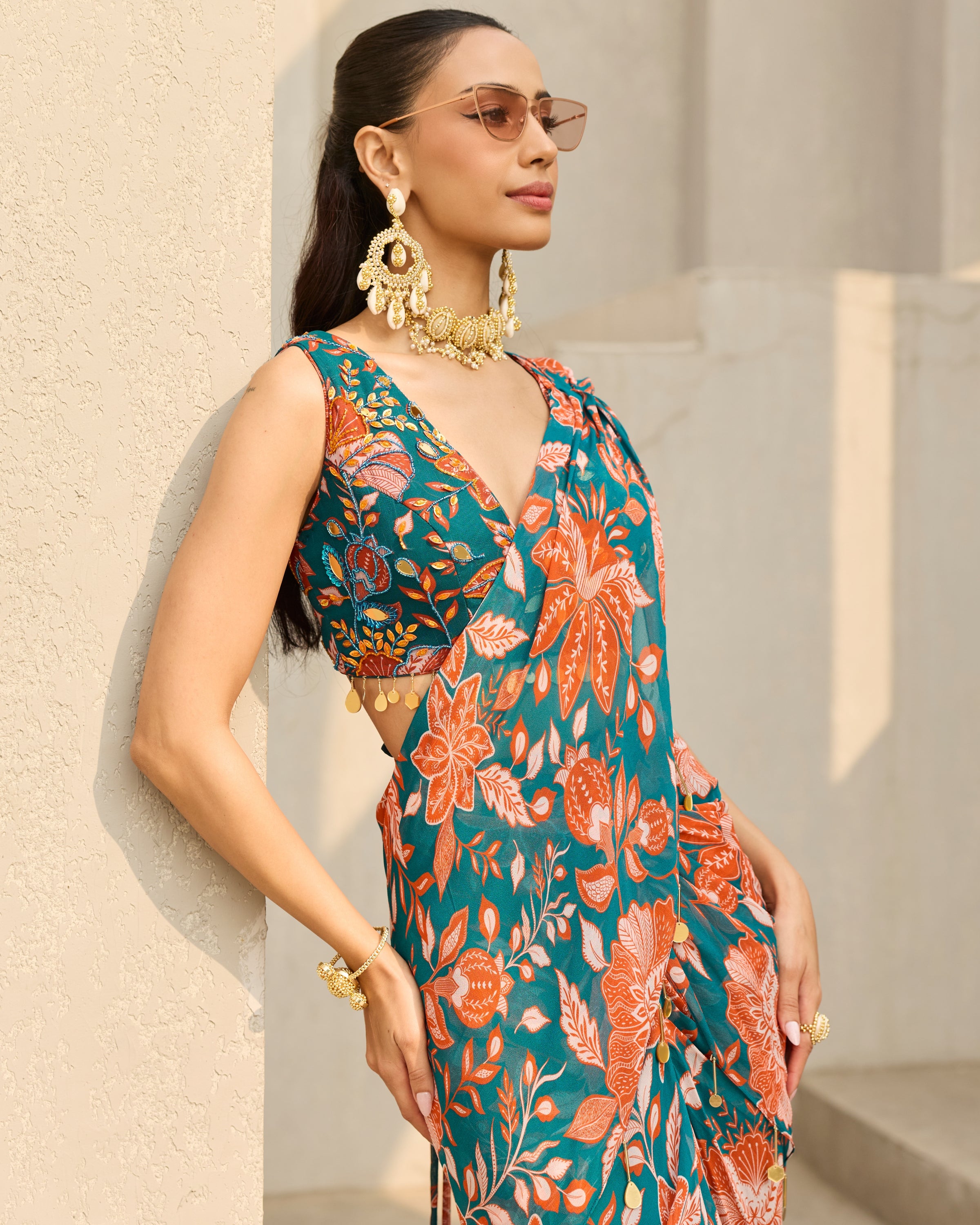 Teal & Rust Floral Printed Sari Set