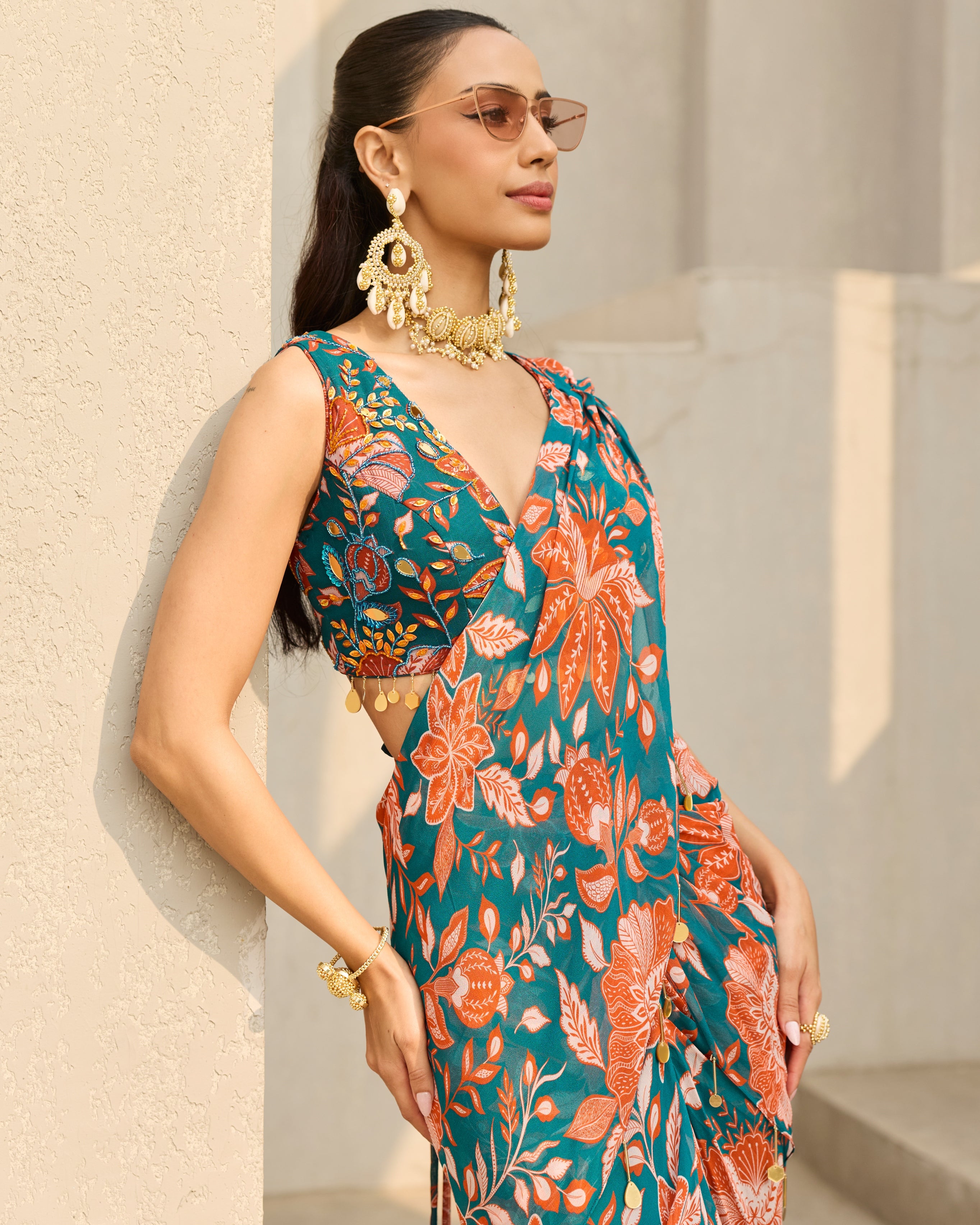 Teal & Rust Floral Printed Sari Set