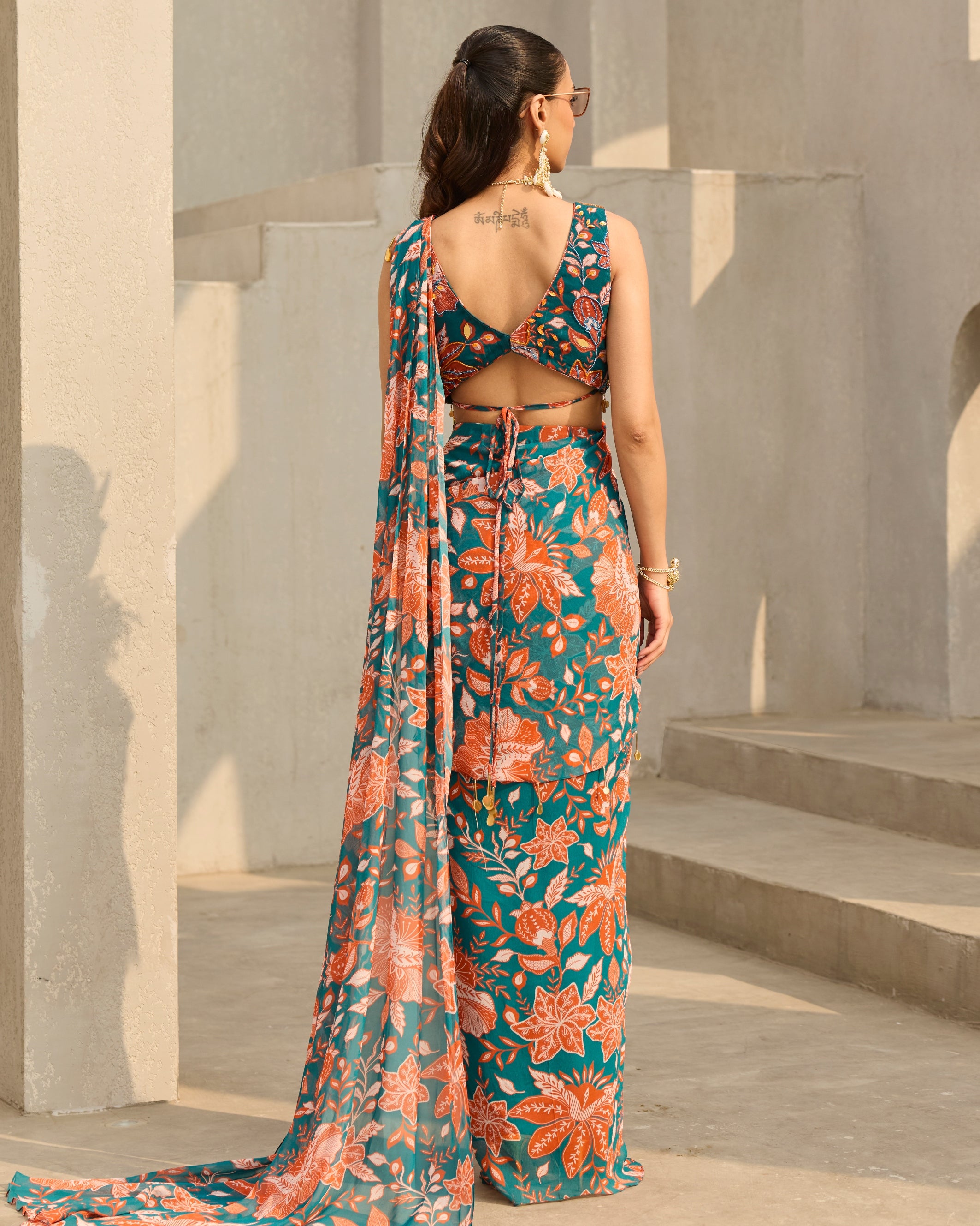 Teal & Rust Floral Printed Sari Set