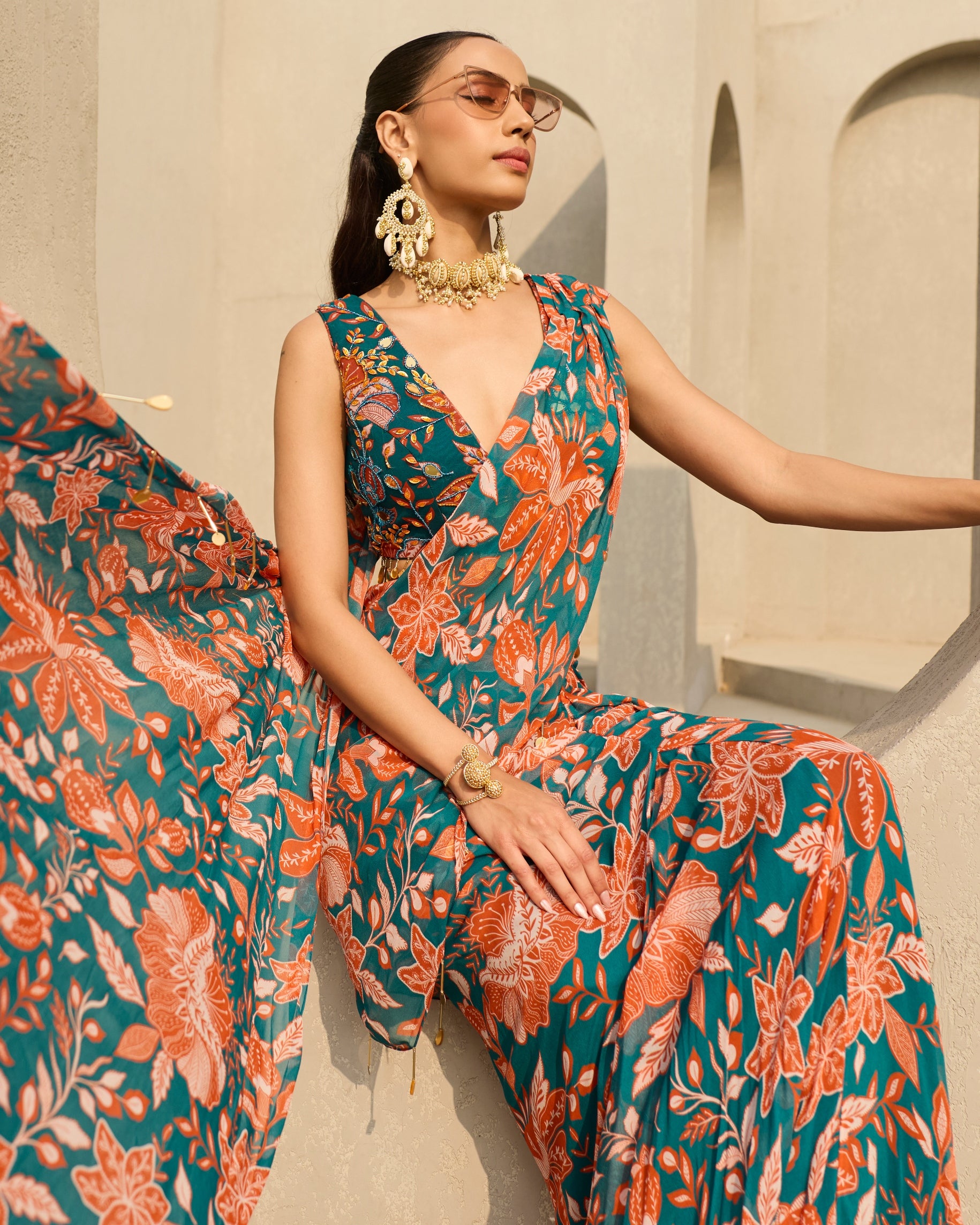 Teal & Rust Floral Printed Sari Set
