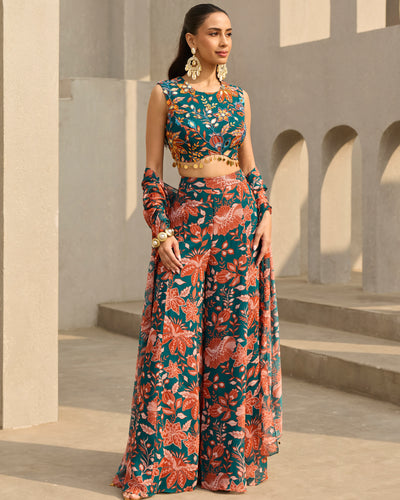 Teal & Rust Floral Printed Sharara Set