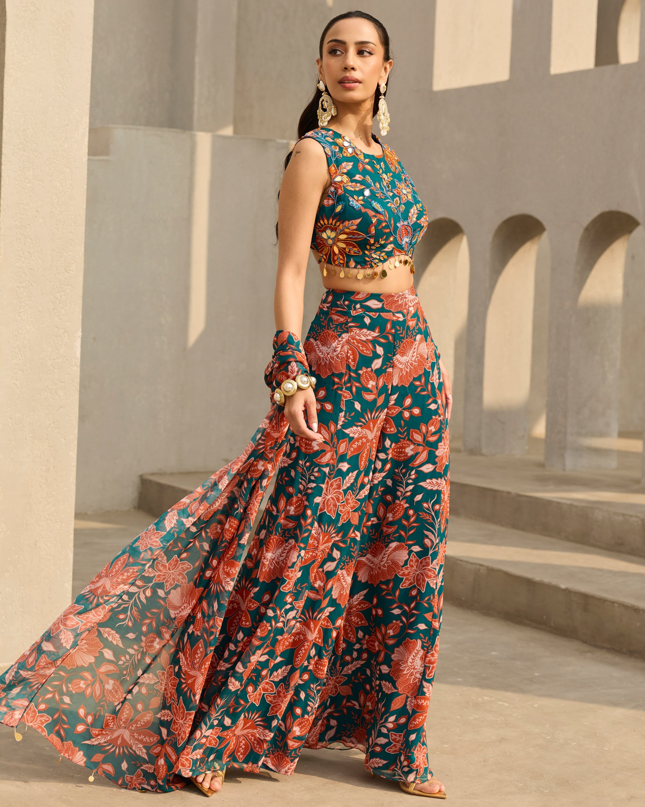 Teal & Rust Floral Printed Sharara Set