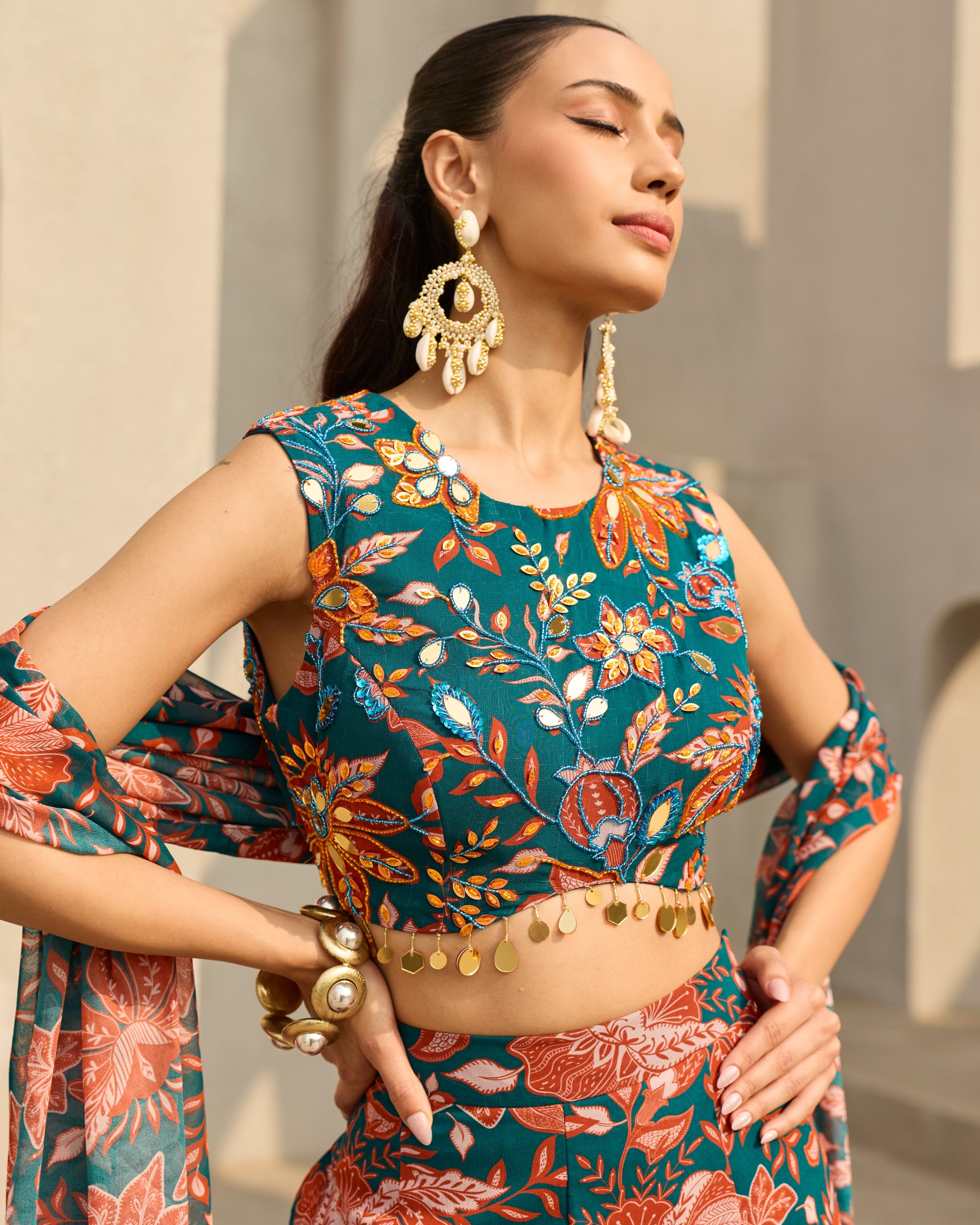 Teal & Rust Floral Printed Sharara Set