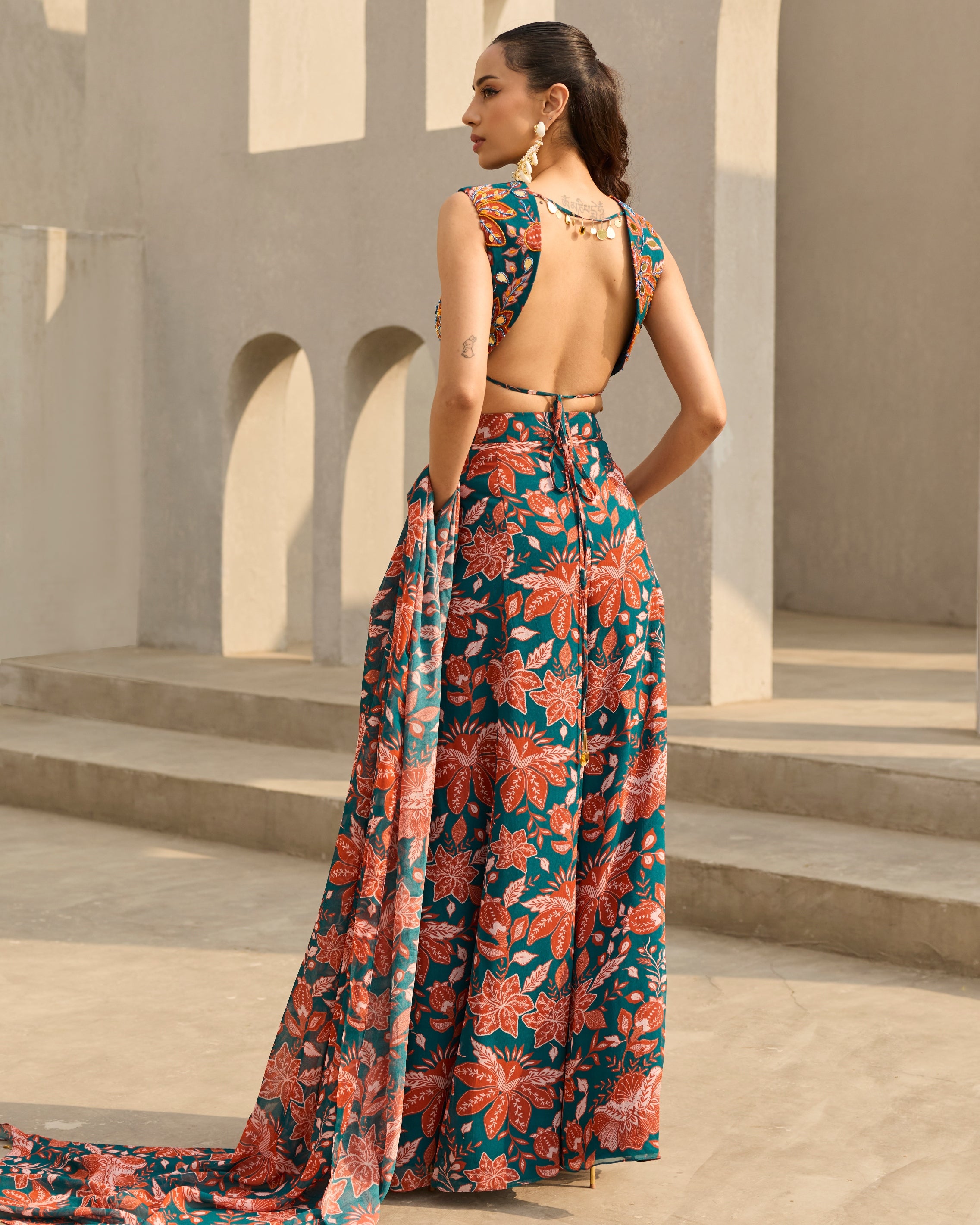 Teal & Rust Floral Printed Sharara Set