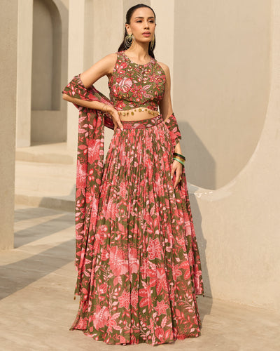 Sage Green Floral Printed Lehenga Set