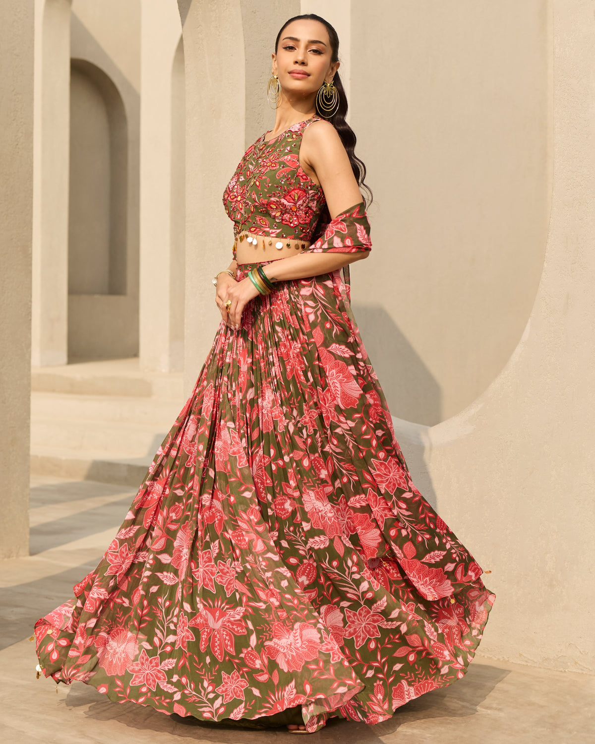 Sage Green Floral Printed Lehenga Set