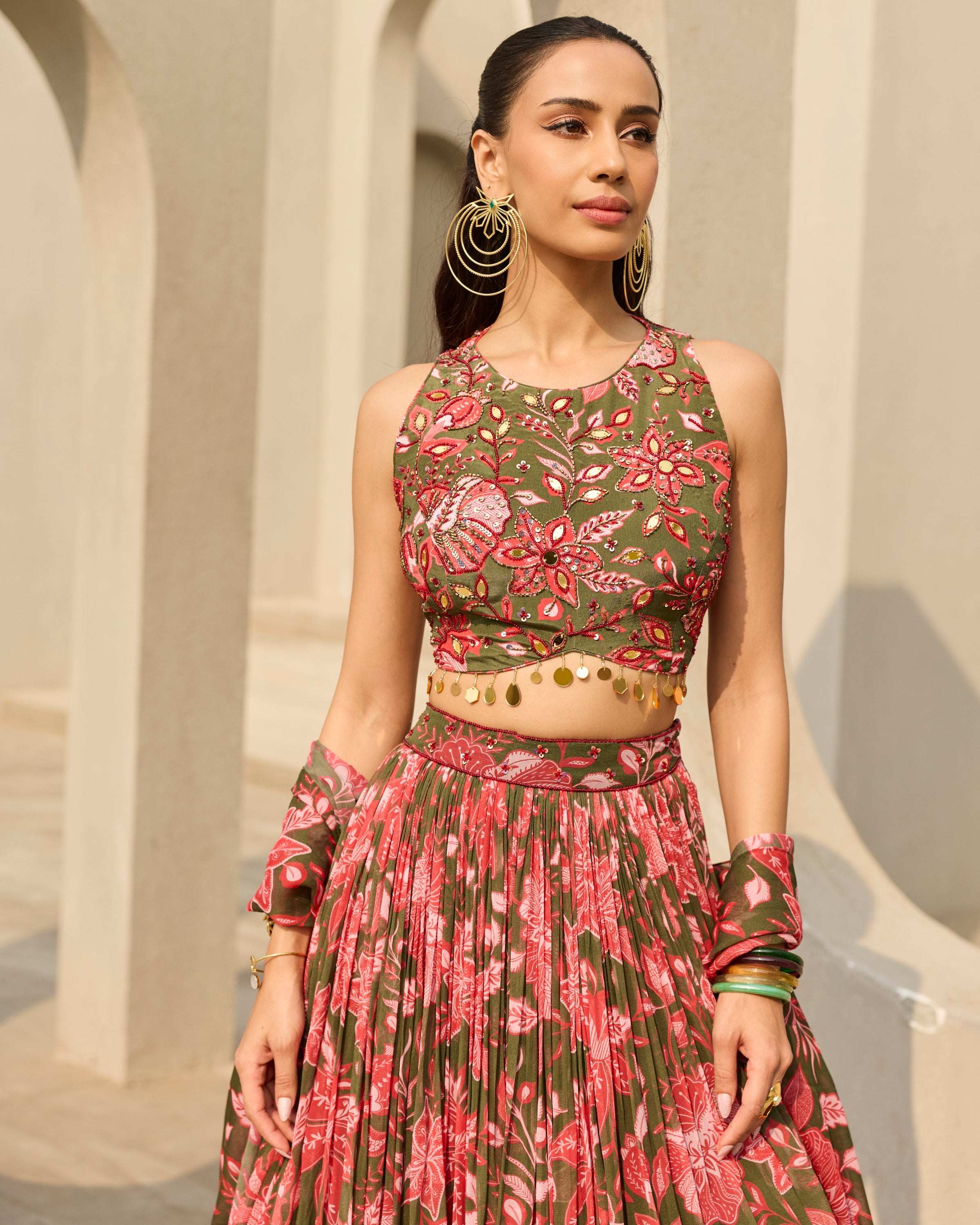 Sage Green Floral Printed Lehenga Set