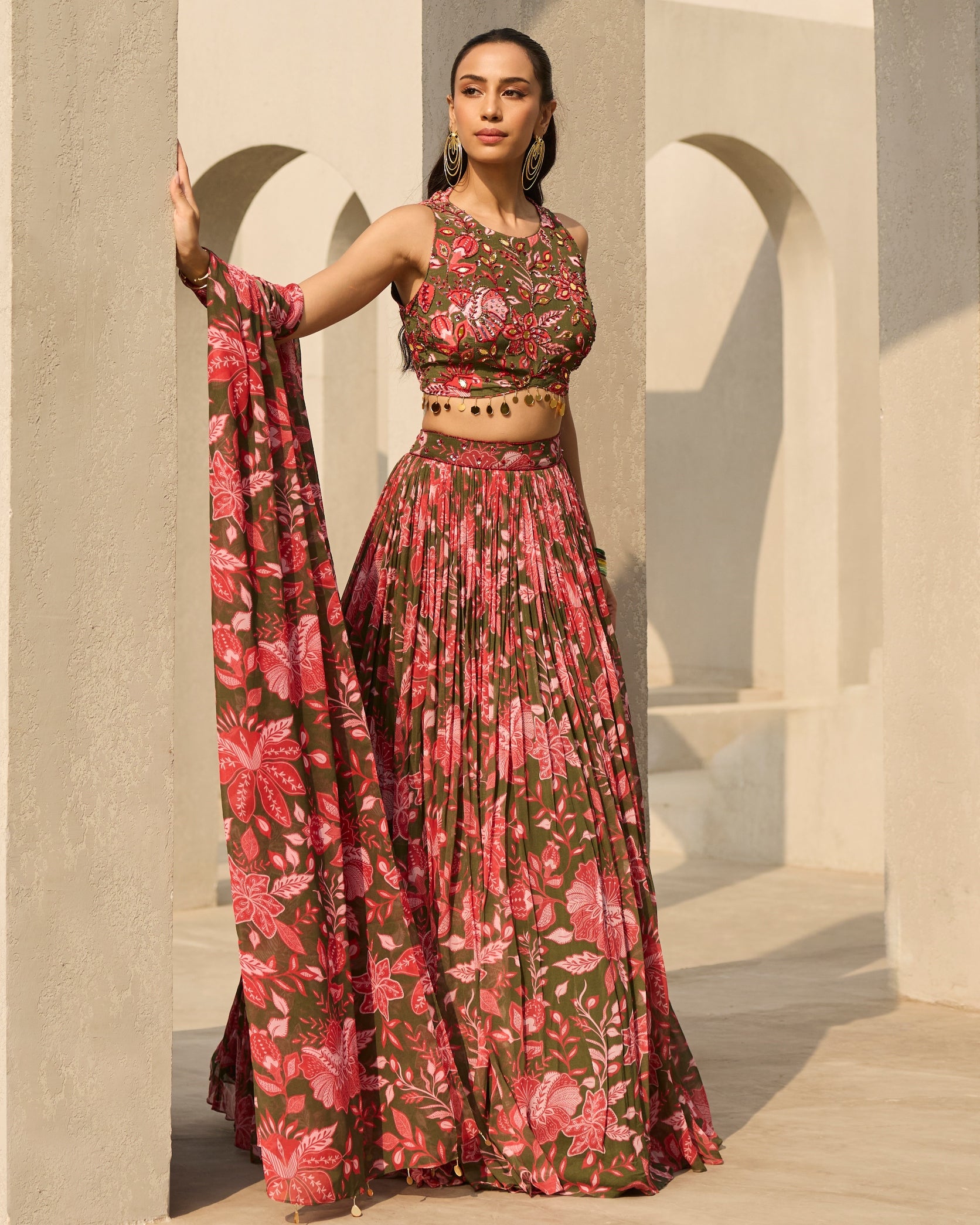 Sage Green Floral Printed Lehenga Set