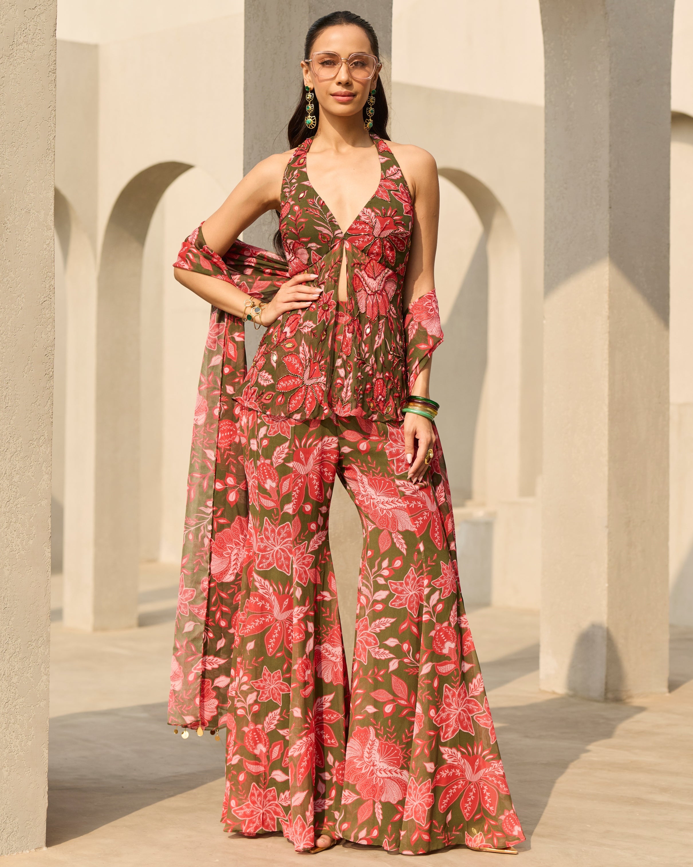 Sage Green Floral Printed Peplum Set