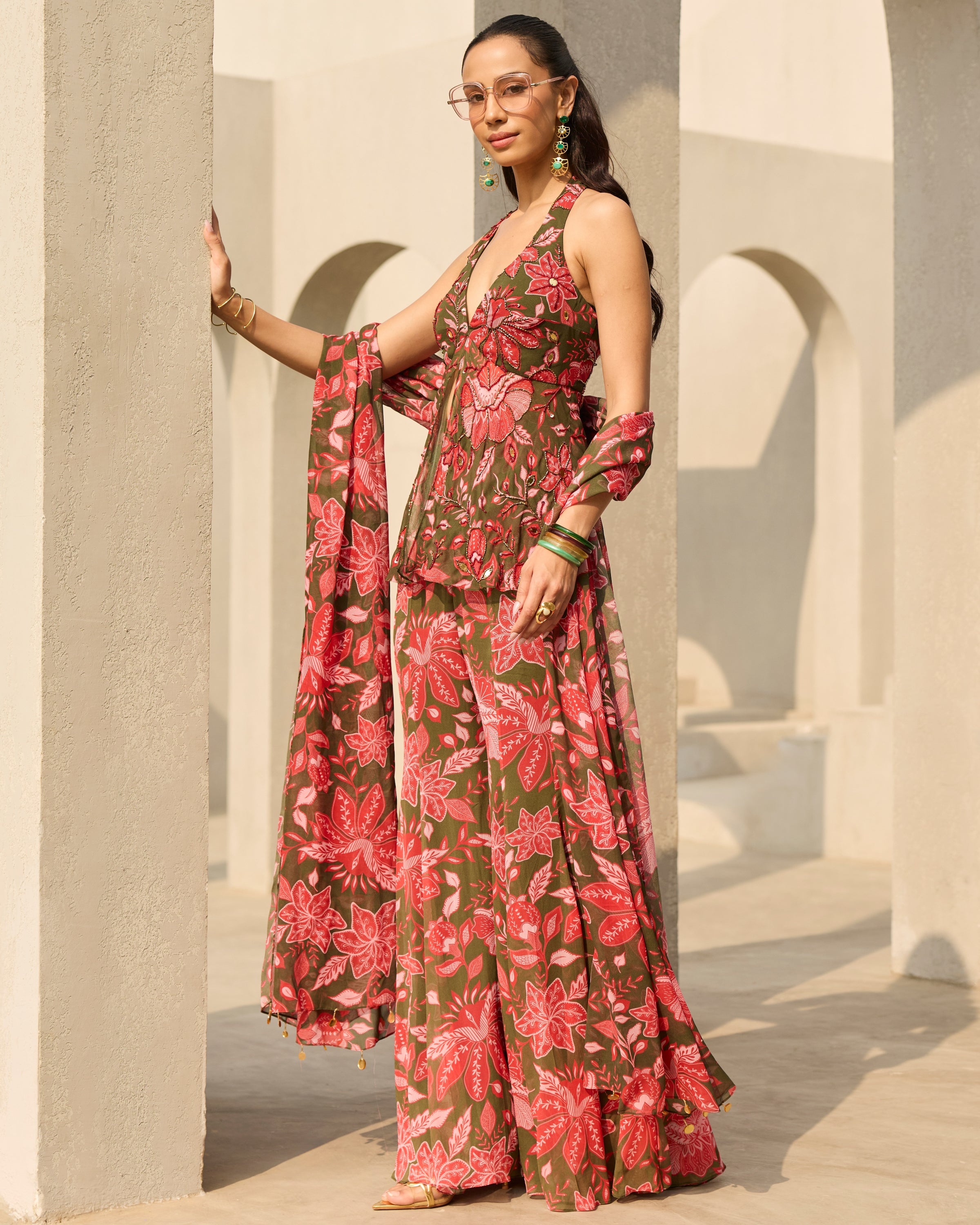 Sage Green Floral Printed Peplum Set