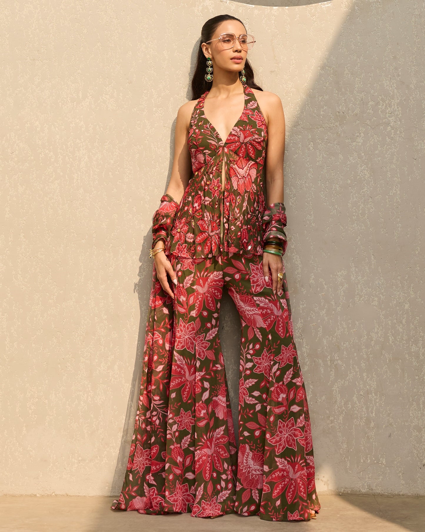 Sage Green Floral Printed Peplum Set