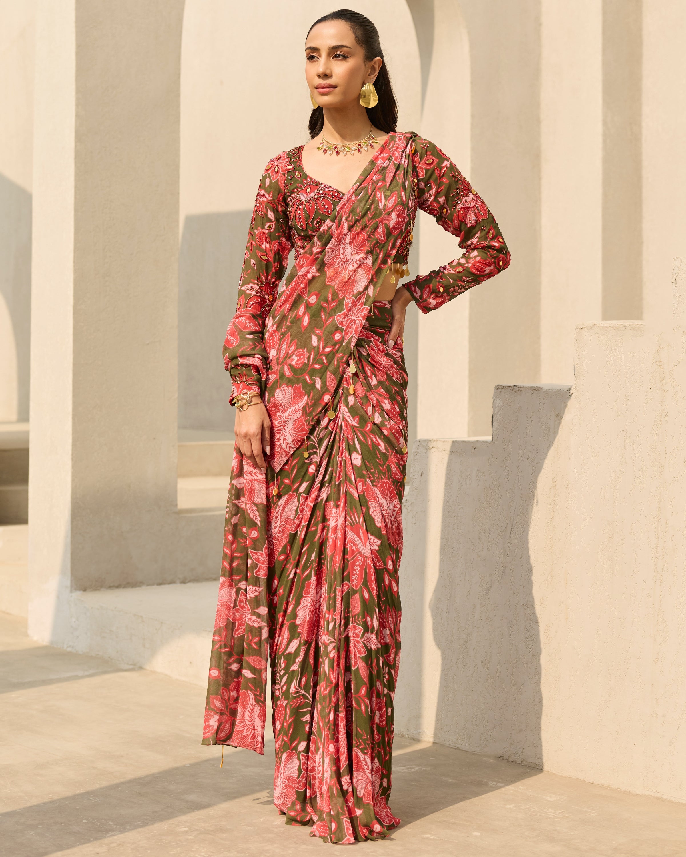 Sage Green Floral Printed Sari Set