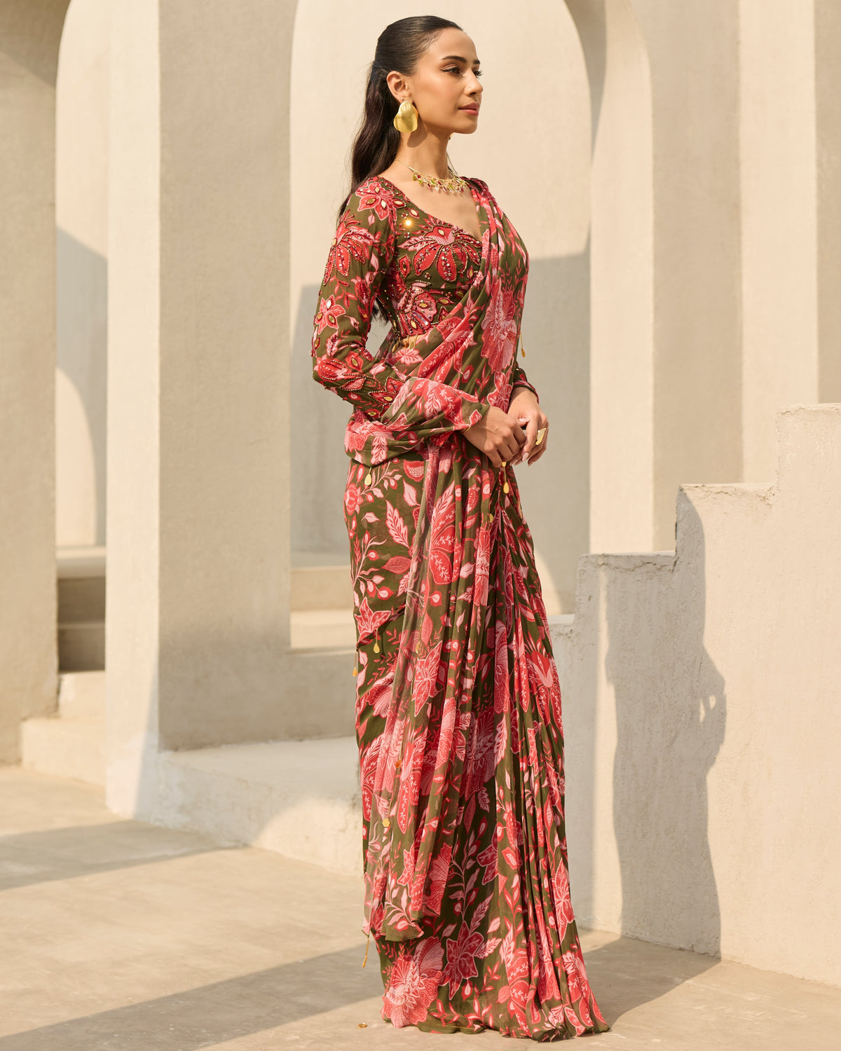 Sage Green Floral Printed Sari Set