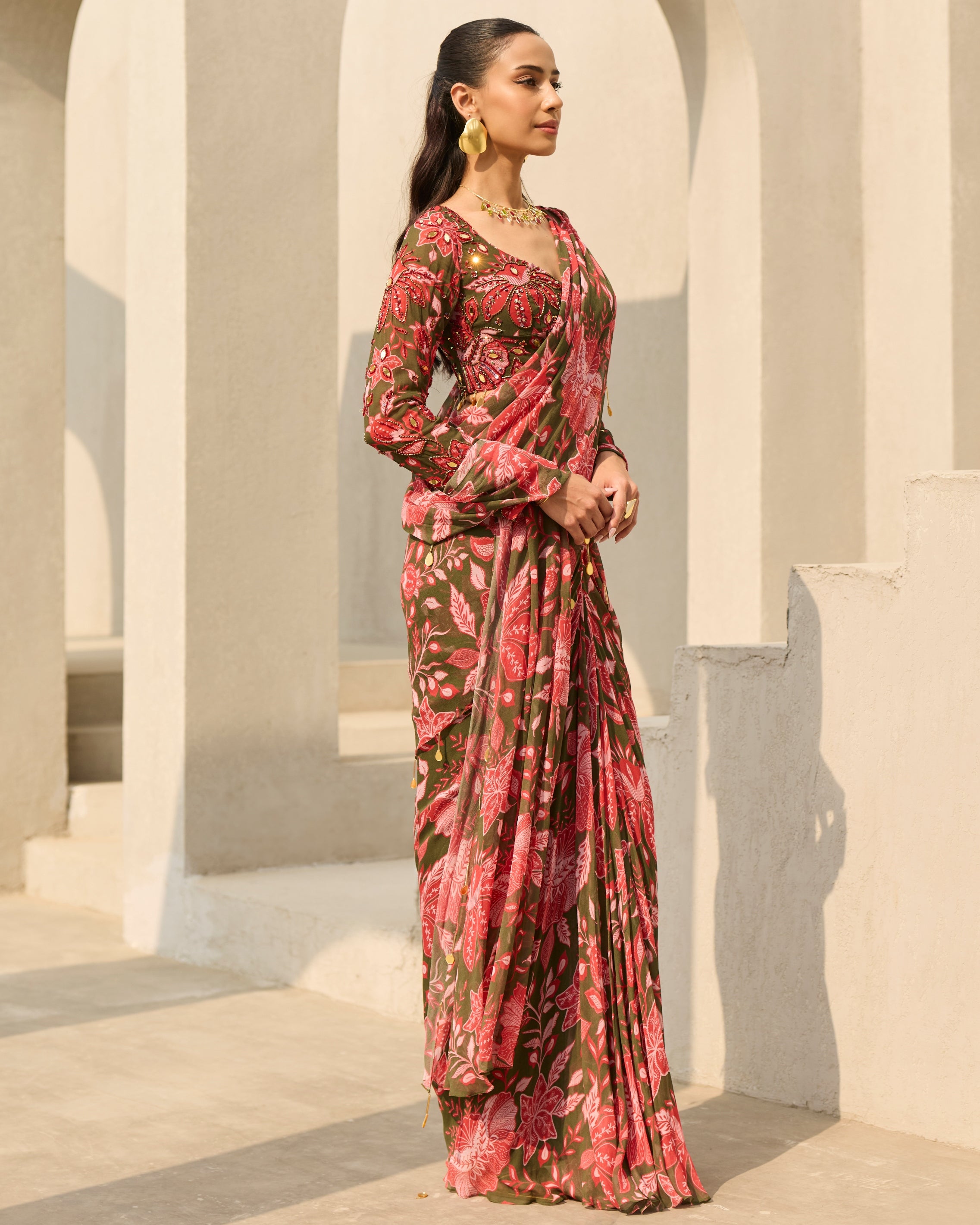 Sage Green Floral Printed Sari Set