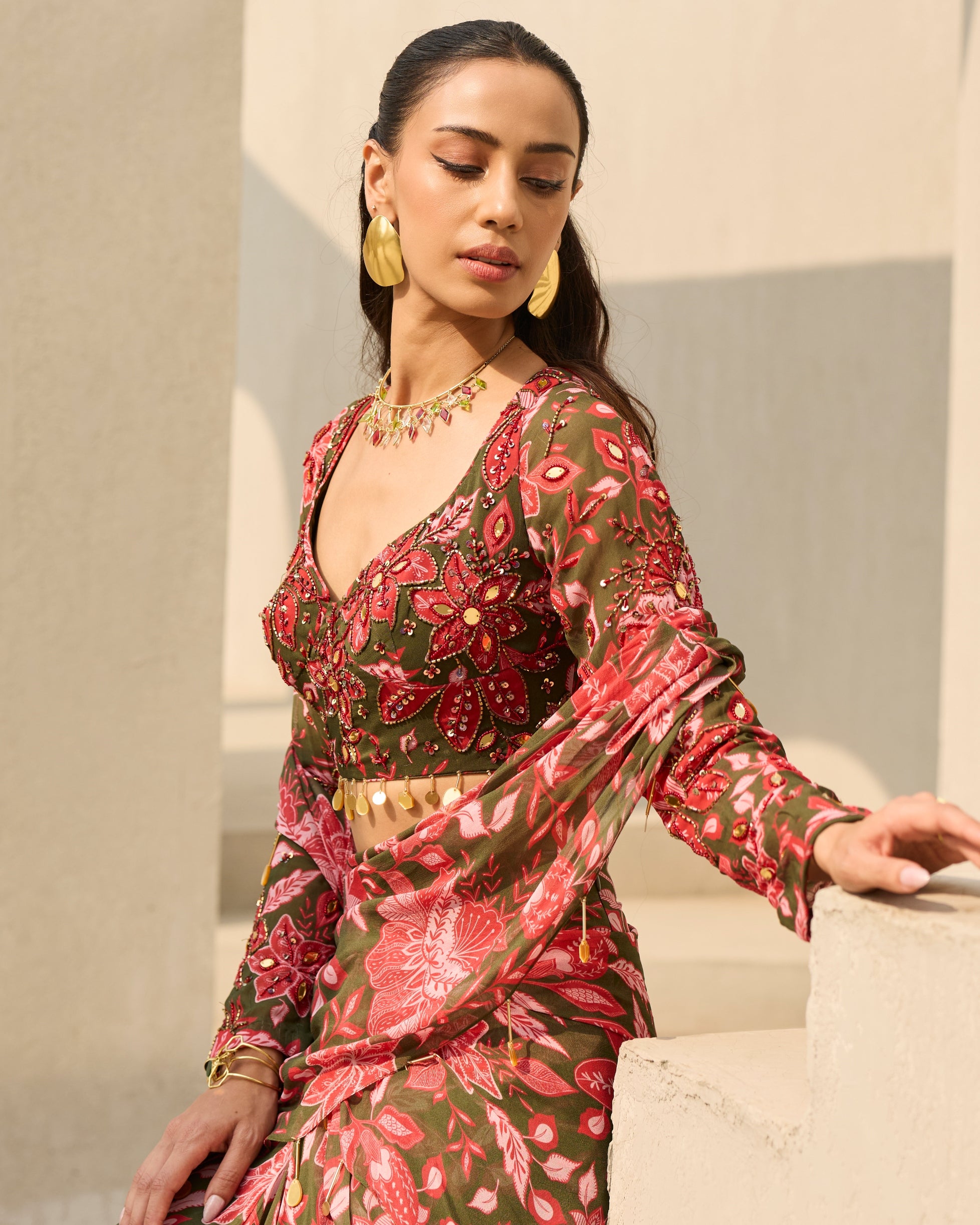 Sage Green Floral Printed Sari Set