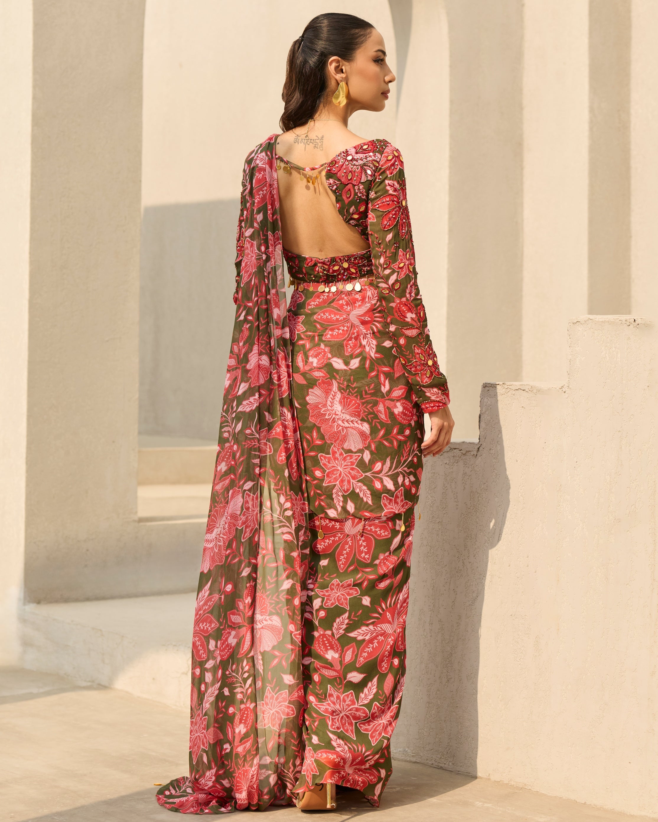 Sage Green Floral Printed Sari Set