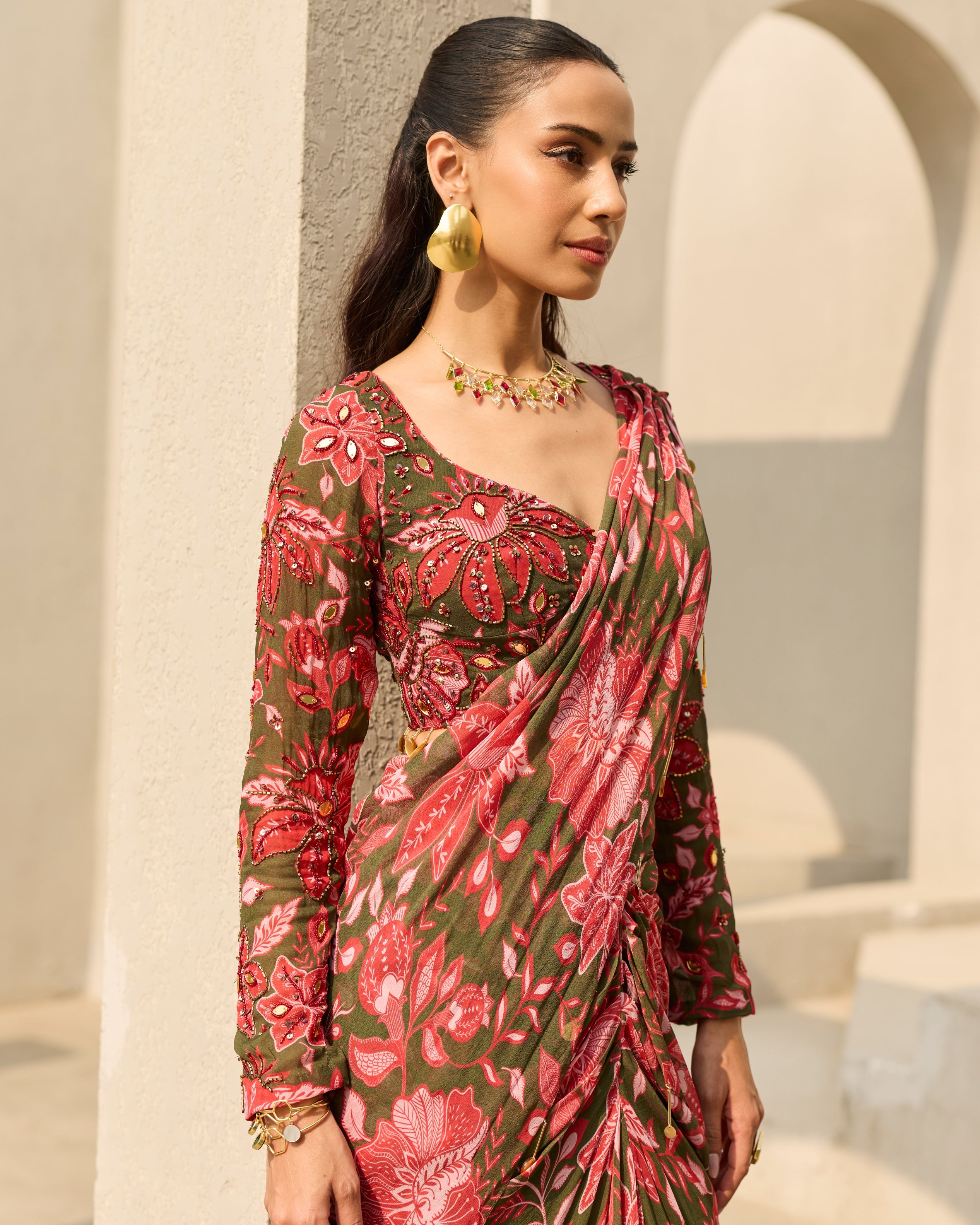 Sage Green Floral Printed Sari Set
