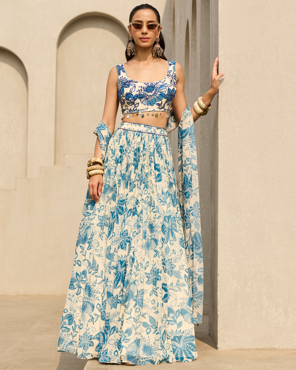 Ivory & Blue Floral Printed Lehenga Set