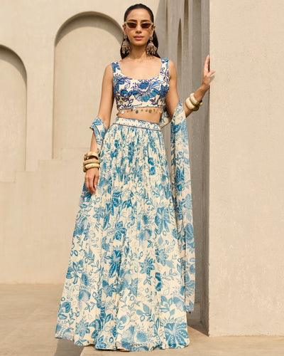 Ivory & Blue Floral Printed Lehenga Set