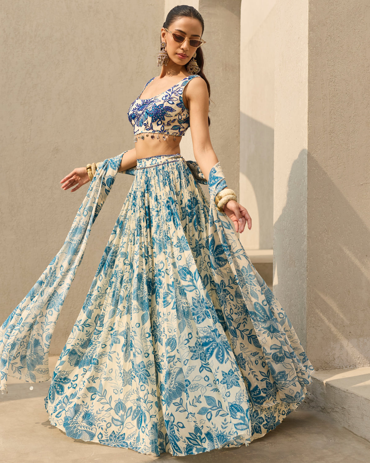 Ivory & Blue Floral Printed Lehenga Set